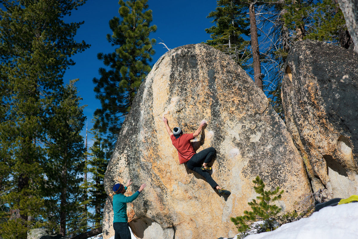 A climber and spotter on granite at D.L. Bliss, West Shore Lake Tahoe