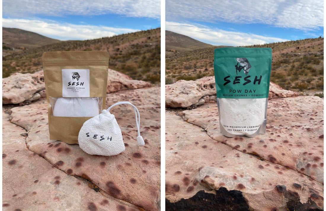 Sesh chalk ball and Sesh Pow Day loose chalk side by side on Red Rock sandstone