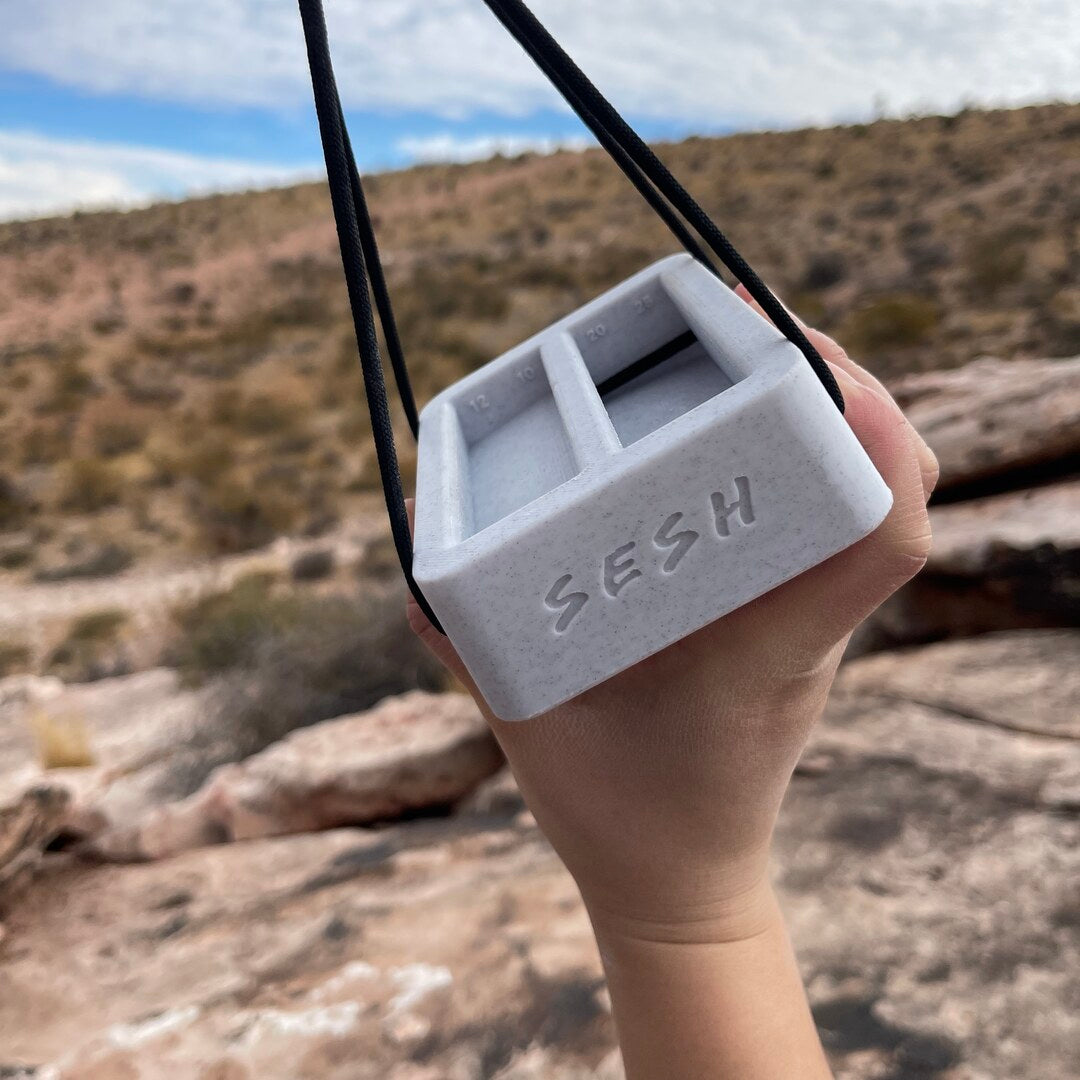 Sesh 3D-printed training block held up at the crag