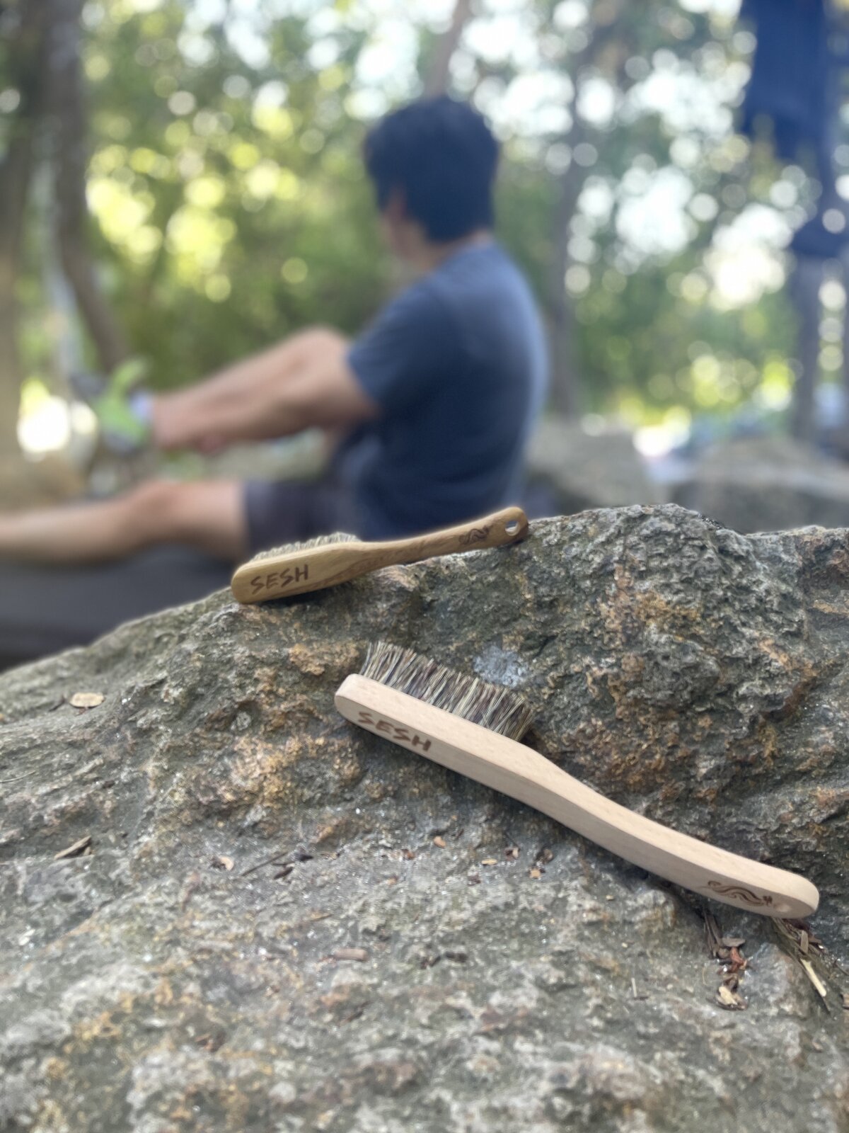 Two Sesh boar-bristle brushes on a boulder at the crag